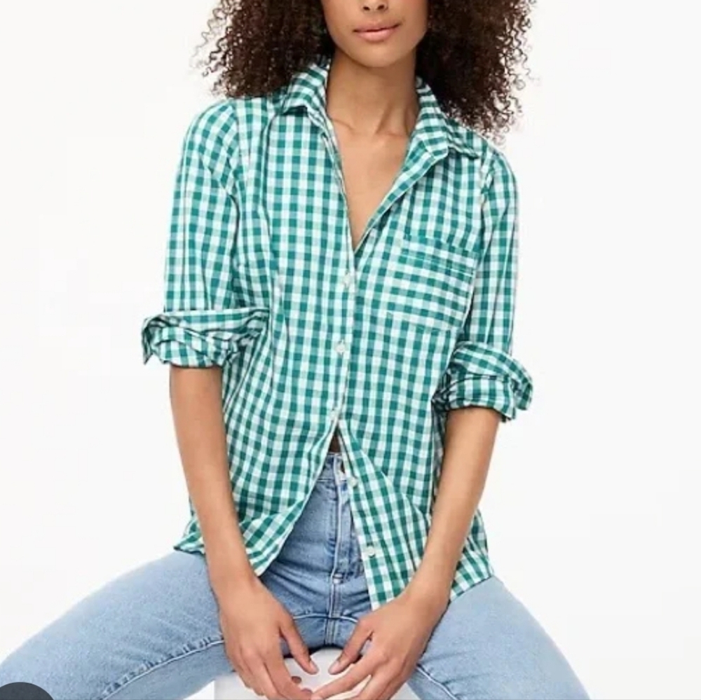 Ladies J-Crew Green and White Gingham plaid- shirt sz.4 Ptp 19.5